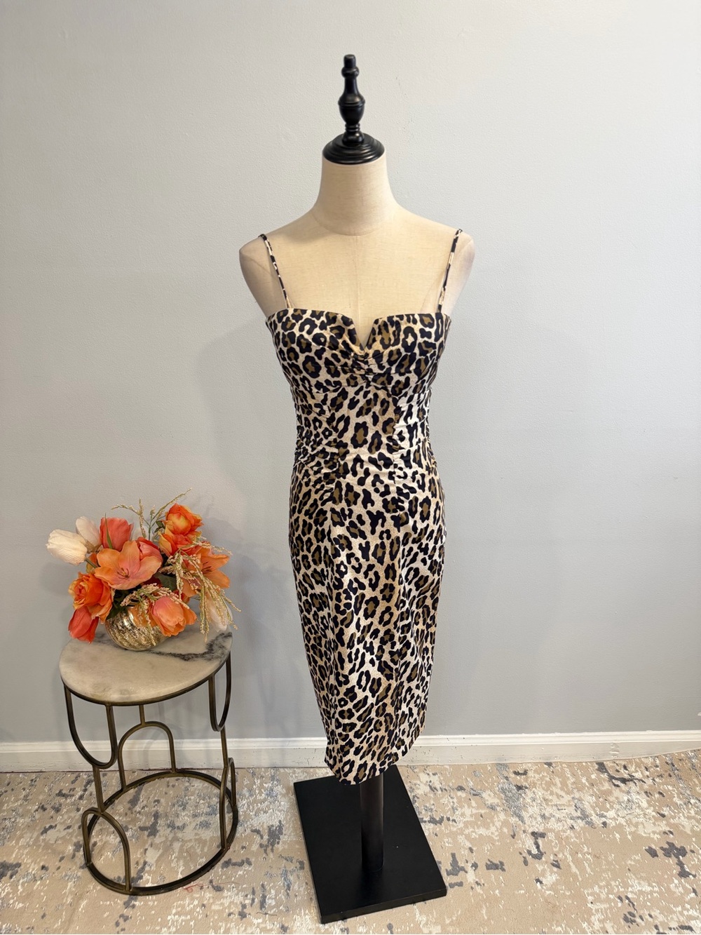 Cache Leopard Animal Print Beige/Black Spaghetti-Strap Ruched Midi Dress -Size 4